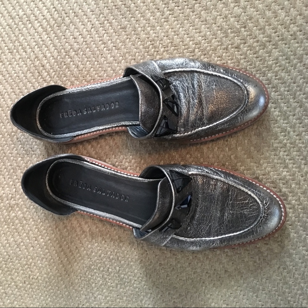 Freda Salvador silver loafers with black jewels